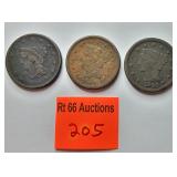 3 large 1 cents; 1840,1844,1845