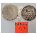1 1878 silver dollar, 1 bicenntenial dollar