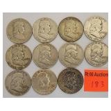 11 silver Franklin half dollars 1948-1963