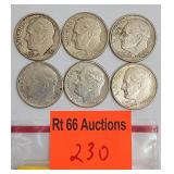 6 1962 silver Roosevelt dimes, some double struck