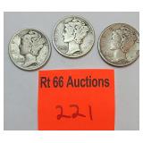 3 silver Mercury dimes 1921, 1921 D, 1926 S