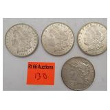 3 silver Morgan dollars, 1 peace dollar