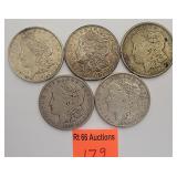 5 1921 Morgan silver dollars
