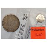 1889 Morgan silver dollar and Mercury silver dime
