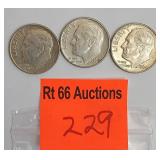 3 silver Roosevelt dimes, double stuck D mints