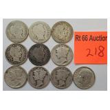 10 silver dimes: Barber, Mercury, and Eisenhower
