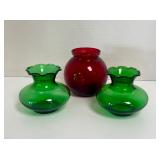 Anchor Hocking Ruby Red & Green Squat Vases