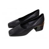 New Burberry Black Leather Square Toe, Block Heel