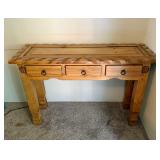 Rustic Pine Wood Sofa Table Hand Carved Details