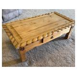 Rustic Pine Wood Coffee Table Hand Carved Details