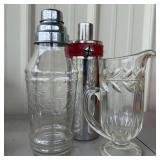 Etched Glass Shaker, Vtg. Glass Pitcher,Stainless