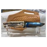 Stag Handle Skinner Knife with Leather Sheath