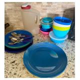 Plastic Plates, Bowls, Pitcher & Silverware