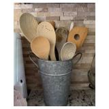 Wooden Cooking Spoons in metal bucket