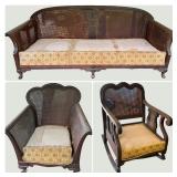 Antique Three Piece Bergère Cane Walnut Suite