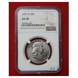 1951 D Franklin Silver Half Dollar NGC AU58