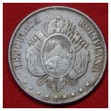 1874 Bolivia 1 Bulvaro Silver Coin