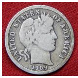 1909 D Barber Silver Dime