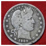 1909 D Barber Silver Quarter