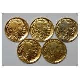 (5) .999 Gold Plated Buffalo Nickels