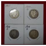 (4) Barber Silver Quarters - 1905-07 O-08 O-14 D