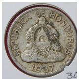 1937 Honduras 1 Lempira Silver Coin