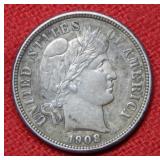 1908 D Barber Silver Dime