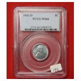 1943 D Steel Lincoln Wheat Cent PCGS MS66