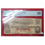 1863 $5 Raleigh NC Note NCCR123 PMG 58