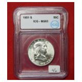 1951 S Franklin Silver Half Dollar ICG MS63
