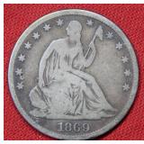 1869 Seated Liberty Silver Half Dollar Coin