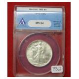 1945 Walking Liberty Silver Half ANACS MS64