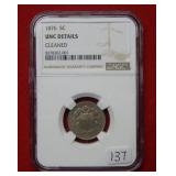 1876 Shield Nickel NGC UNC Details - Cleaned