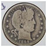 1894 O Barber Silver Quarter Dollar Coin