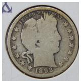 1892 S Barber Silver Quarter Dollar Coin