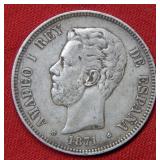 1871 Spain 5 Pesetas Silver Coin