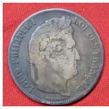 1839 France 5 Frank Silver Coin