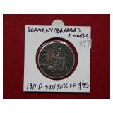 1911 D Germany (Bavaria) Silver 2 Marks Coin