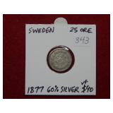 1877 Sweden Silver 25 Ore Coin