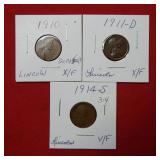 1910 -1911 D -1914 S Lincoln Wheat Cents