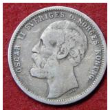 1876 Sweden 1 Krona Silver Coin
