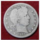 1909 D Barber Silver Quarter
