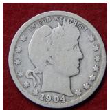 1904 O Barber Silver Quarter