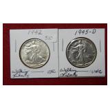 (2) 1942 & 1945 D Walking Liberty Silver Halves