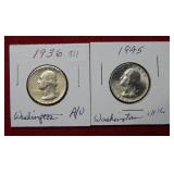 1936 & 1945 Washington Silver Quarters