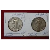 (2) 1934 S&D Walking Liberty Silver Half Dollars
