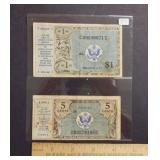 $1 and 5 Cent US Military Payment Coupons
