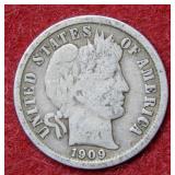1909 D Barber Silver Dime