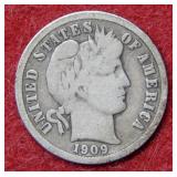 1909 D Barber Silver Dime
