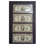 Crisp Set of $2-$5-$10-$20 Federal Reserve Notes